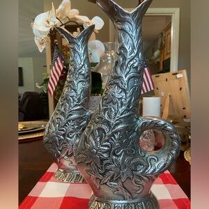 RARE Antique Pewter FISH VASE / Sculpture Pair